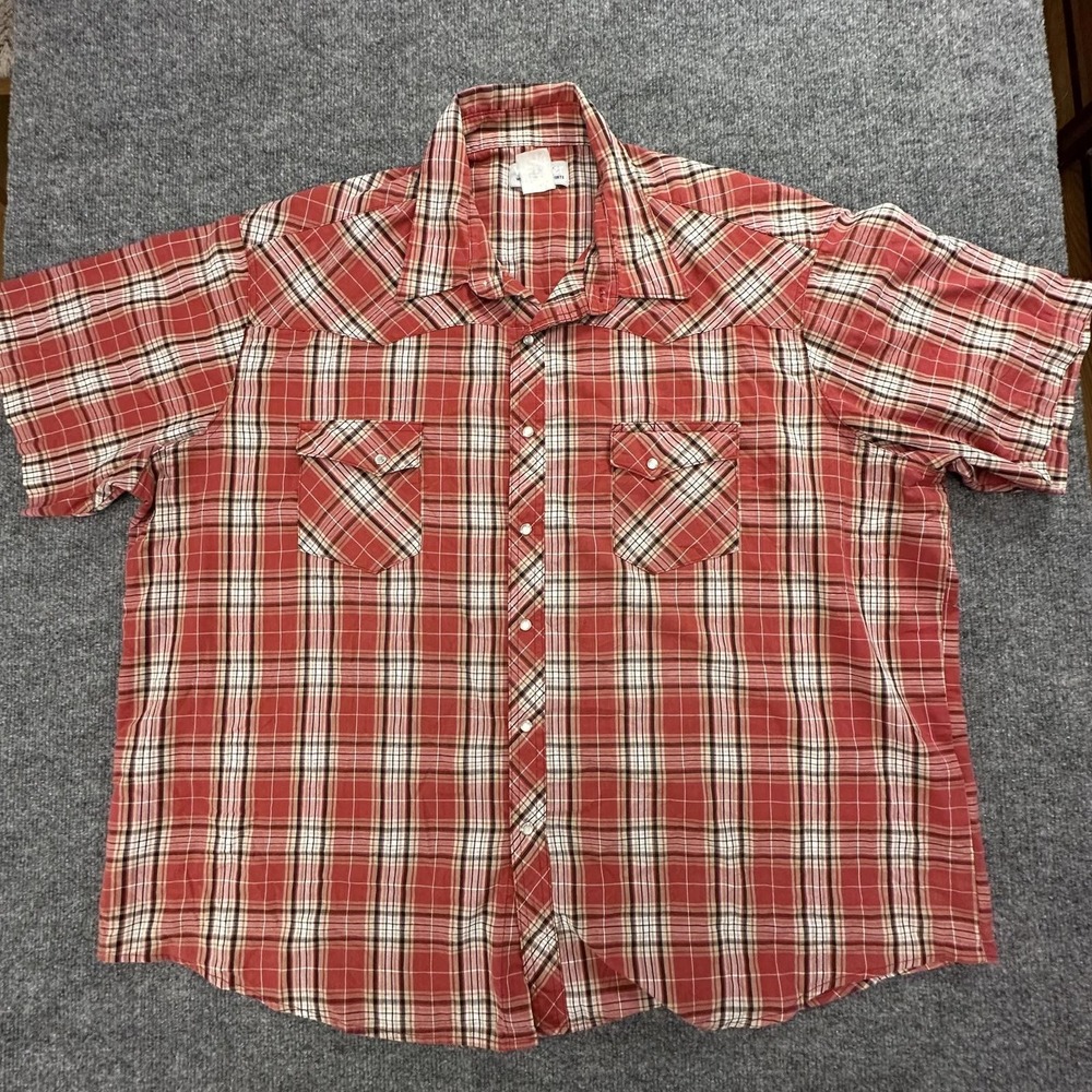 Wrangler Wrancher Mens Red Plaid Short Sleeve Western Pearl Snap Shirt XL 283